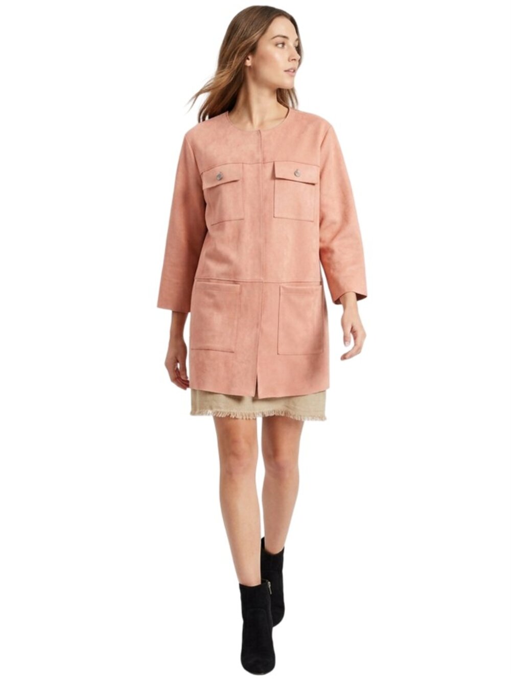 Ruby Rd. Duster Coat Jacket Open Front Pale Pink Bracelet Sleeve Four Pockets